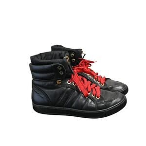 Moncler Black Leather High Top Sneakers Womens Size 37 US 7 Black Red Lace Zip